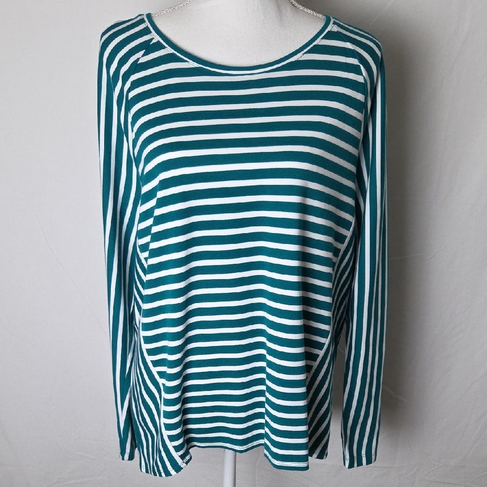 NWT Striped Chico's 2 Jade and White Stripe Mix Pattern Long Sleeve Women's Top